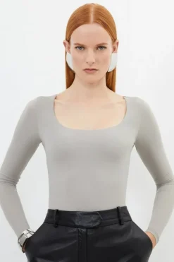 Karen Millen Contour Jersey Square Neck Long Sleeve Top taupe Sale