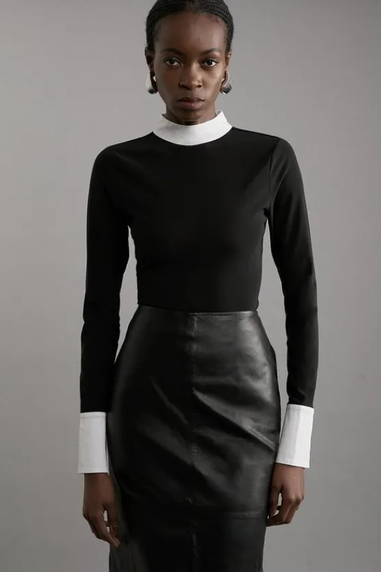 Karen Millen Contrast Collar Jersey Power Mesh Bodysuit black Best