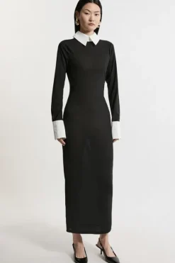 Karen Millen Contrast Collar Jersey Power Mesh Midi Dress black Discount