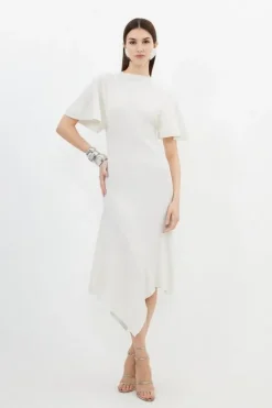 Karen Millen Cotton Blend Angel Sleeve Asymmetric Hem Knit Dress cream Hot