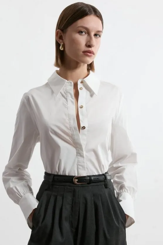 Karen Millen Cotton Button Sleeve Detail Striped Woven Shirt white Discount