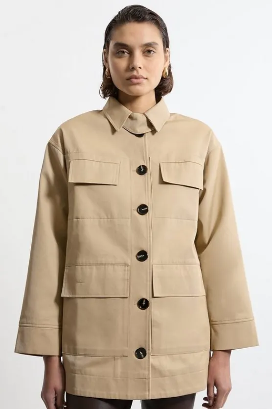 Karen Millen Cotton Contrast Lining Pocket Detail Coat camel Sale