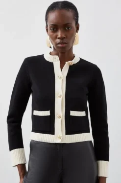 Karen Millen Cotton Cropped Knit Boxy Cardigan mono Clearance