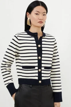 Karen Millen Cotton Cropped Knit Boxy d Cardigan stripe New