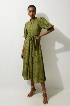 Karen Millen Cotton Eyelet Belted Woven Midi Dress khaki Fashion