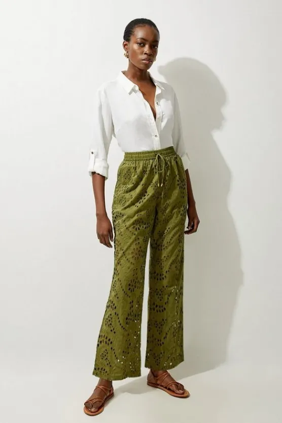 Karen Millen Cotton Eyelet Woven Wide Leg Pants khaki Online