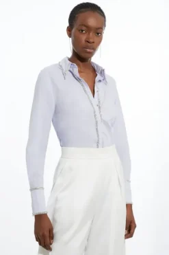 Karen Millen Cotton Poplin Embellished Trim Woven Shirt blue Hot