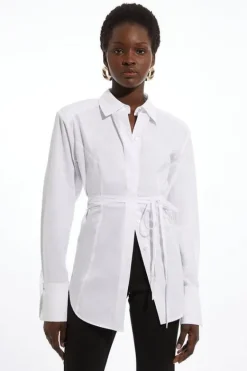 Karen Millen Cotton Poplin Waist Detail Longline Woven Shirt white Fashion