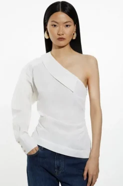 Karen Millen Cotton Poplin Woven One Sleeve Shirt white Sale