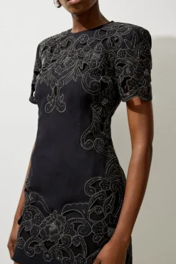 Karen Millen Cotton Quilted Cutwork Beaded Woven Mini Dress black Fashion