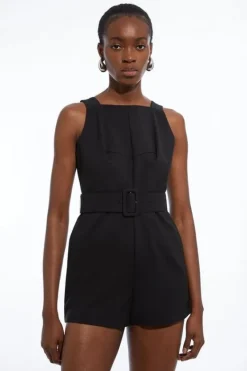Karen Millen Cotton Sateen Utility Woven Belted Strappy Romper black Best