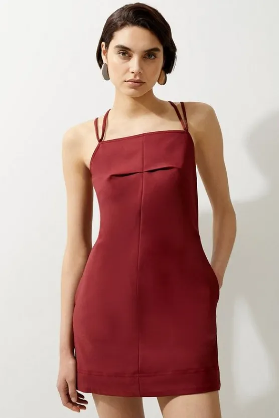 Karen Millen Cotton Sateen Utility Woven Pinafore Mini Dress plum Hot