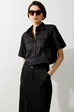 Karen Millen Cotton Sateen Woven Cargo Crop Shirt black Outlet