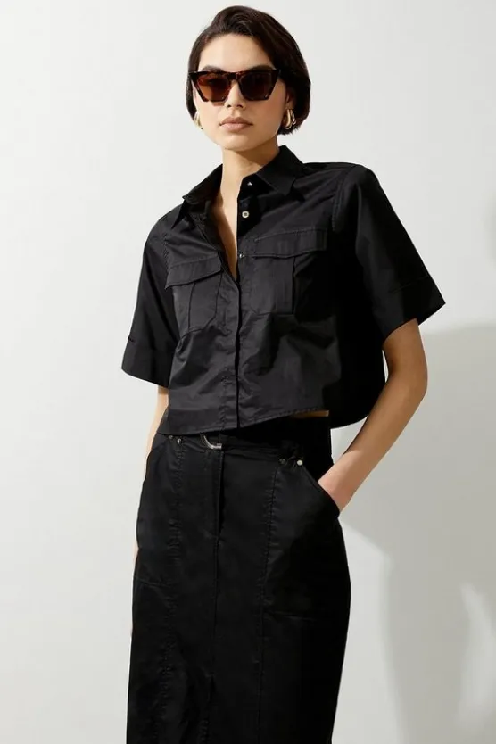 Karen Millen Cotton Sateen Woven Cargo Crop Shirt black Outlet