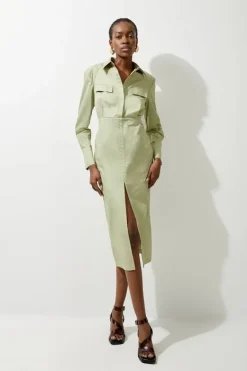 Karen Millen Cotton Sateen Woven Cargo Shirt Midi Dress khaki Fashion