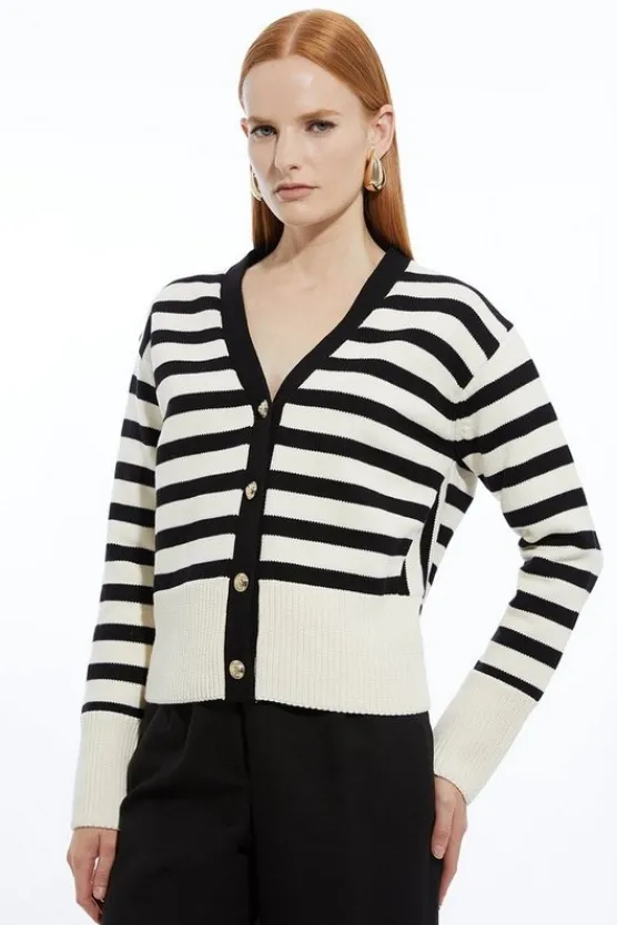 Karen Millen Cotton V Neck Knit Boxy Striped Cardigan mono Fashion