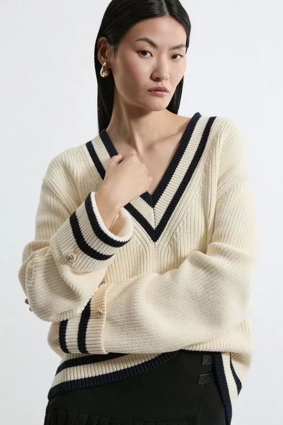 Karen Millen Cotton V Neck Knit Boxy Sweater cream Fashion