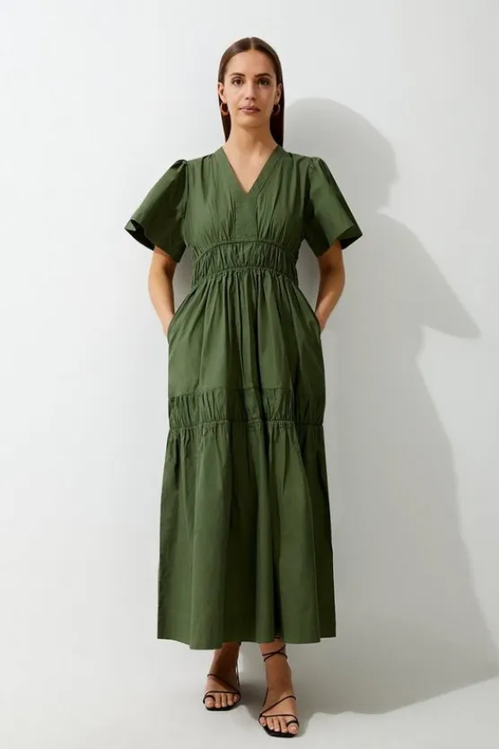 Karen Millen Cotton Woven Shirred Tiered Short Sleeve Maxi Dress khaki Sale
