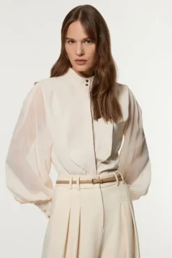 Karen Millen Crinkle Balloon Sleeve High Neck Woven Shirt stone Online