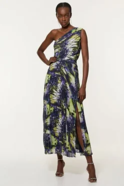 Karen Millen Crinkle Feather Print Woven One Shoulder Midaxi Dress multi New