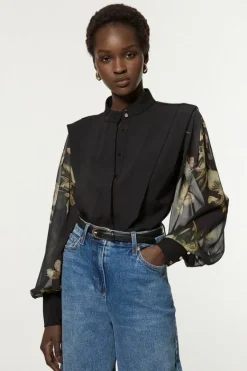 Karen Millen Crinkle Balloon Sleeve High Neck Woven Shirt floral Sale
