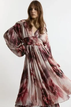 Karen Millen Crinkle Woven Midi Dress With Balloon Sleeve And Embellishment floral Best
