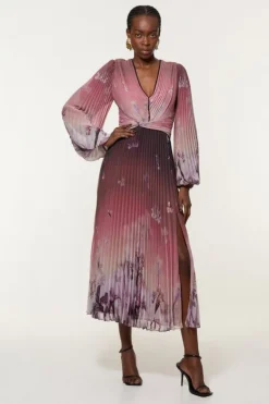 Karen Millen Crinkle Pleat Border Balloon Sleeve Woven Midi Dress floral Clearance