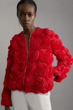 Karen Millen Crinkle Rosette Woven Bomber Jacket red Discount
