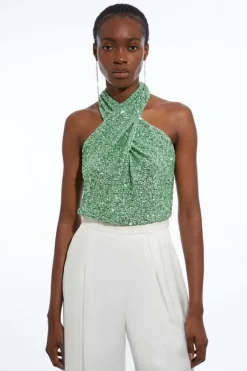 Karen Millen Cross Neck Jersey Stretch Sequin Bodysuit sage Sale