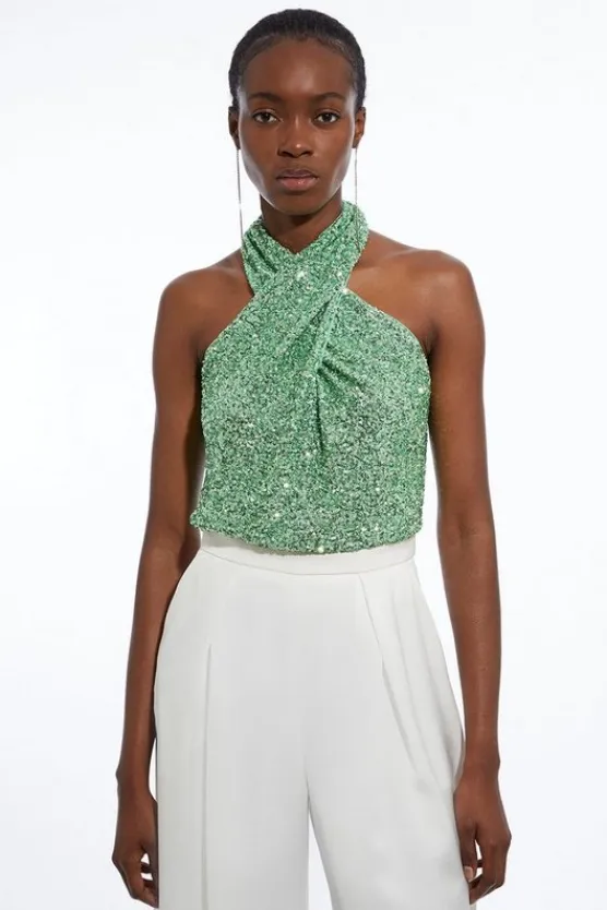 Karen Millen Cross Neck Jersey Stretch Sequin Bodysuit sage Sale