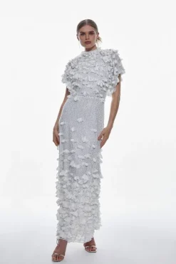 Karen Millen Crystal Applique Angel Sleeve Woven Maxi Dress ivory Clearance