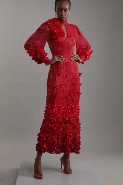 Karen Millen Crystal Embellished Applique Woven Maxi Dress red Discount