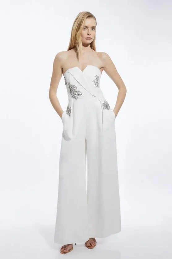 Karen Millen Crystal Embellished Bandeau Wrap Tailored Wide Leg Jumpsuit ivory Clearance