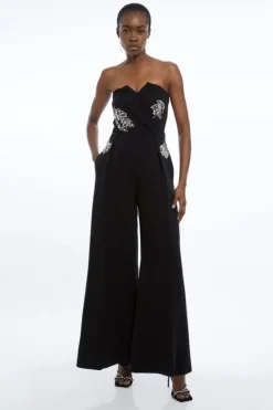 Karen Millen Crystal Embellished Bandeau Wrap Tailored Wide Leg Contrast Jumpsuit black Discount