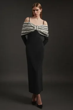 Karen Millen Crystal Embellished Bow Detail Woven Maxi Dress mono Outlet