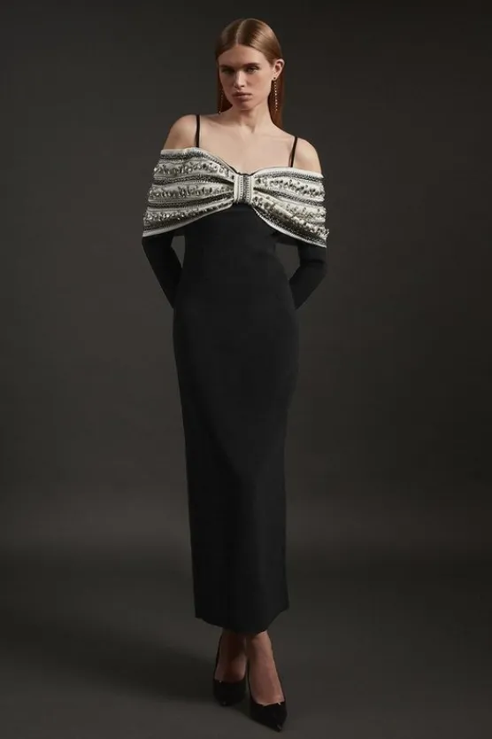 Karen Millen Crystal Embellished Bow Detail Woven Maxi Dress mono Outlet
