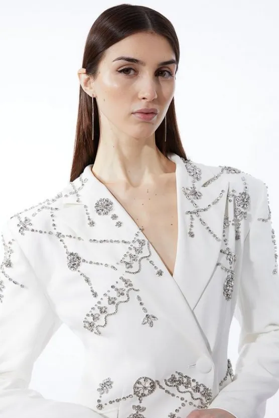 Karen Millen Crystal Embellished Cady Blazer Woven Mini Dress ivory New