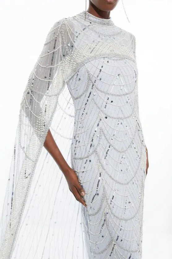 Karen Millen Crystal Embellished Cape Detail Maxi Dress silver Fashion