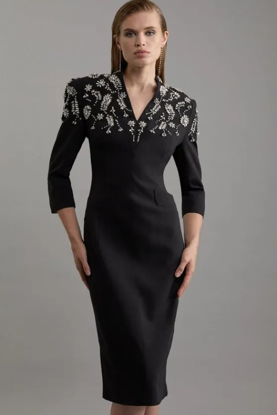 Karen Millen Crystal Embellished Compact Stretch Tailored Forever Dress black Best