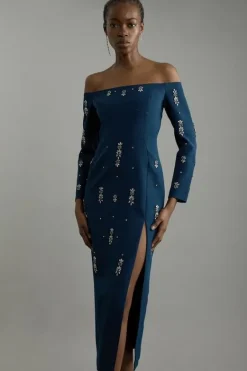 Karen Millen Crystal Embellished Corset Detail Off The Shoulder Woven Midaxi Dress navy Clearance