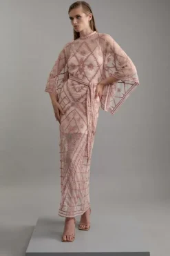 Karen Millen Crystal Embellished Kimono Sleeve Woven Maxi Dress blush Sale
