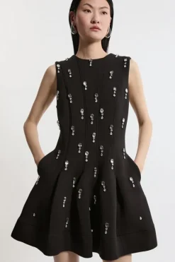 Karen Millen Crystal Embellished Premium Scuba Jersey Mini Dress black New