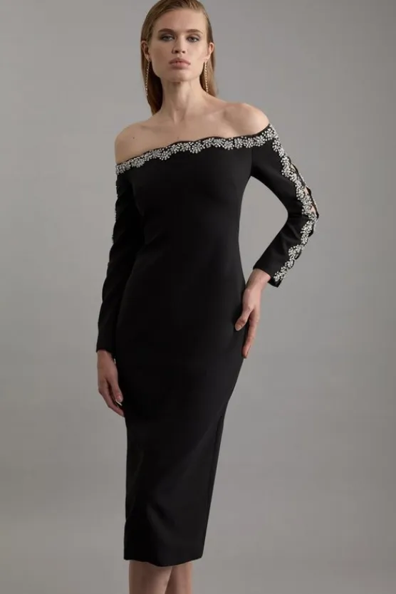 Karen Millen Crystal Embellished Scalloped Off The Shoulder Tailored Midaxi Dress black Fashion