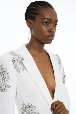 Karen Millen Crystal Embellished Tailored Single Breasted Longline Blazer ivory Discount