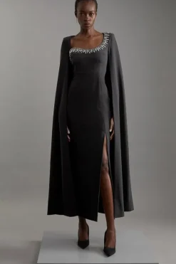 Karen Millen Crystal Embellished Viscose Crepe Woven Cape Maxi Dress black New