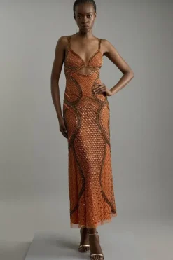 Karen Millen Cut Out Detail Embellished Beaded Woven Maxi Dress orange New