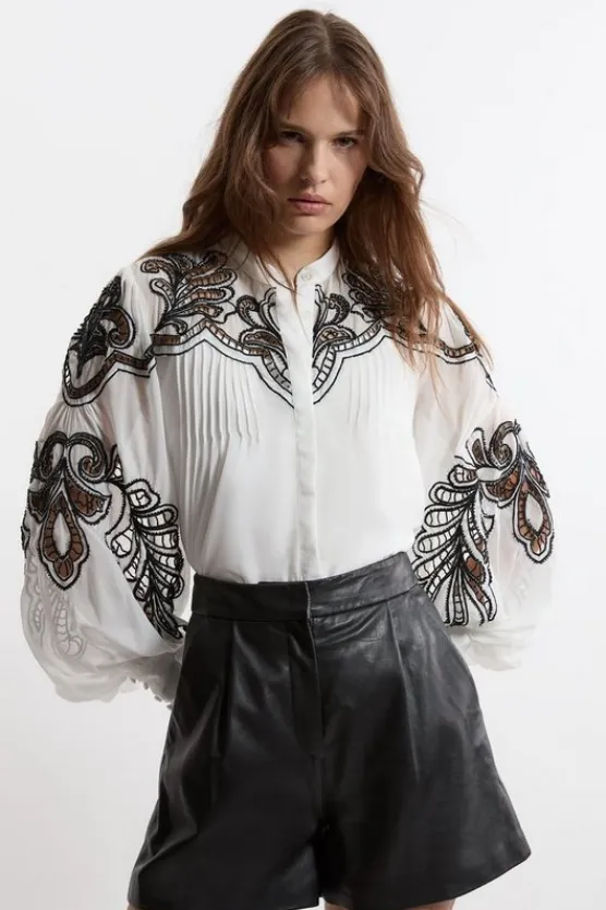 Karen Millen Cutwork Beaded Embroidered Woven Blouse mono Best