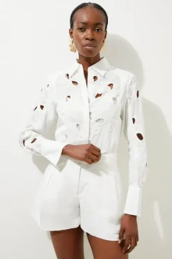 Karen Millen Cutwork Corded Longline Woven Shirt white Hot