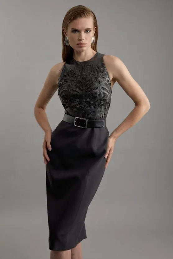 Karen Millen Cutwork Pu Halter Neck Belted Tailored Midi Dress black Fashion