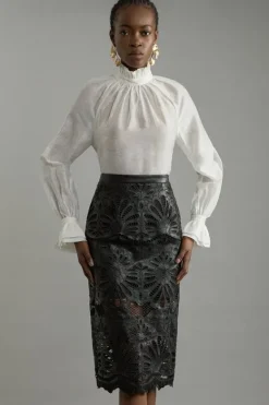 Karen Millen Cutwork Pu Tailored Midi Skirt black Hot
